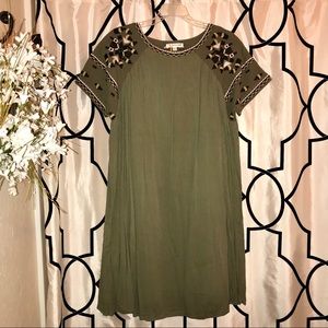 Gorgeous olive green embroidered swing dress.